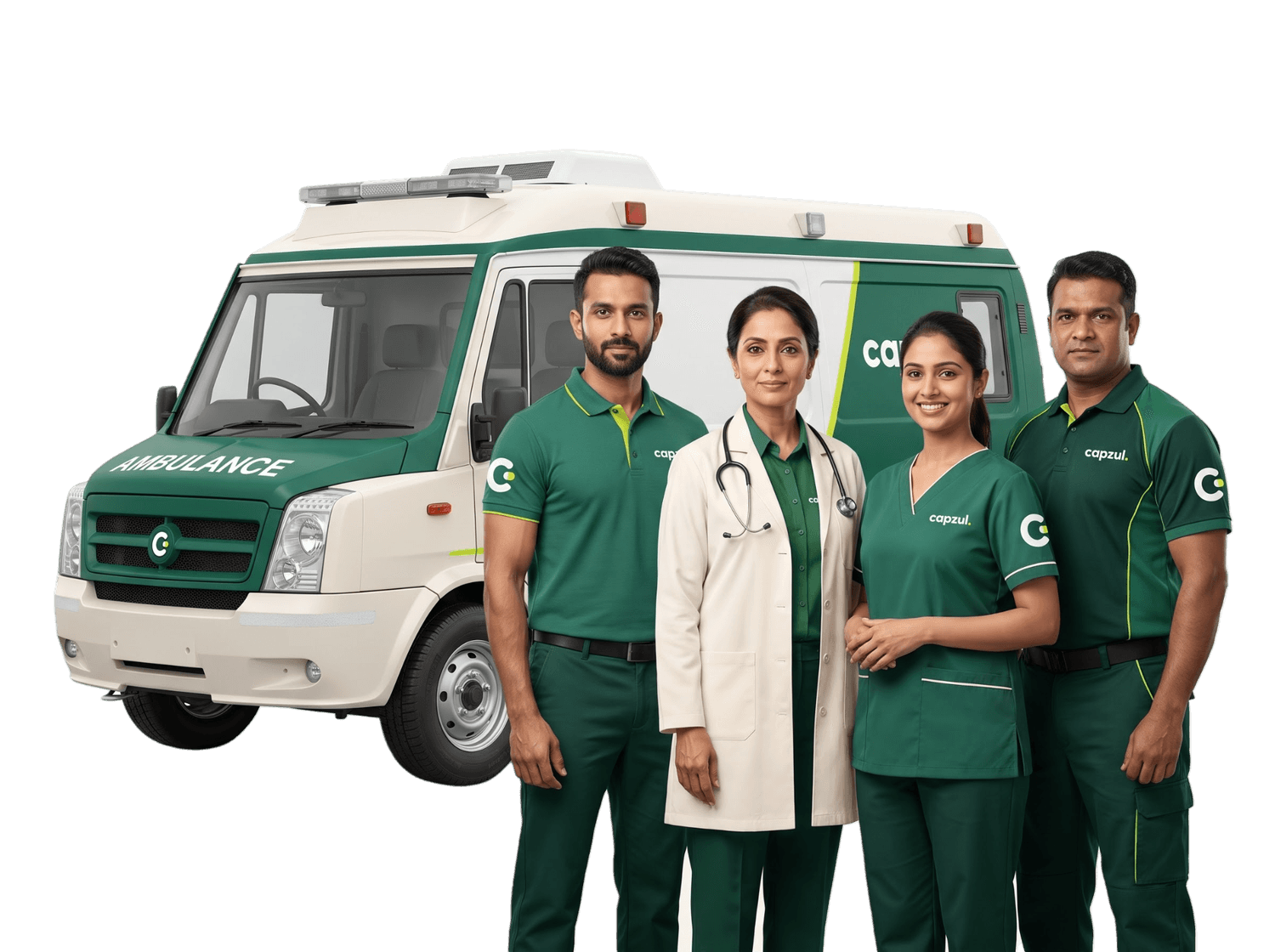 Capzul paramedics, a doctor and nurses standing beside a Capzul ambulance